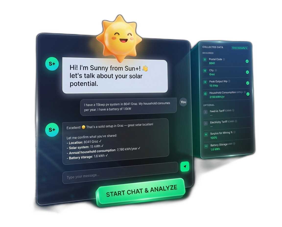 Sunny AI chat interface showing solar mining analysis conversation